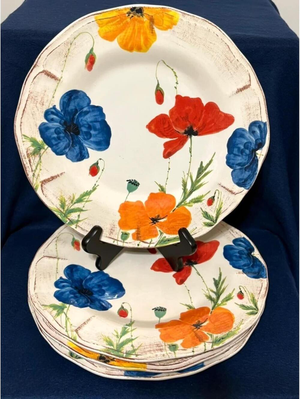 Sur La Table Italian Poppy Brushstroke Scalloped  11.5in Dinner Plates Set of 4